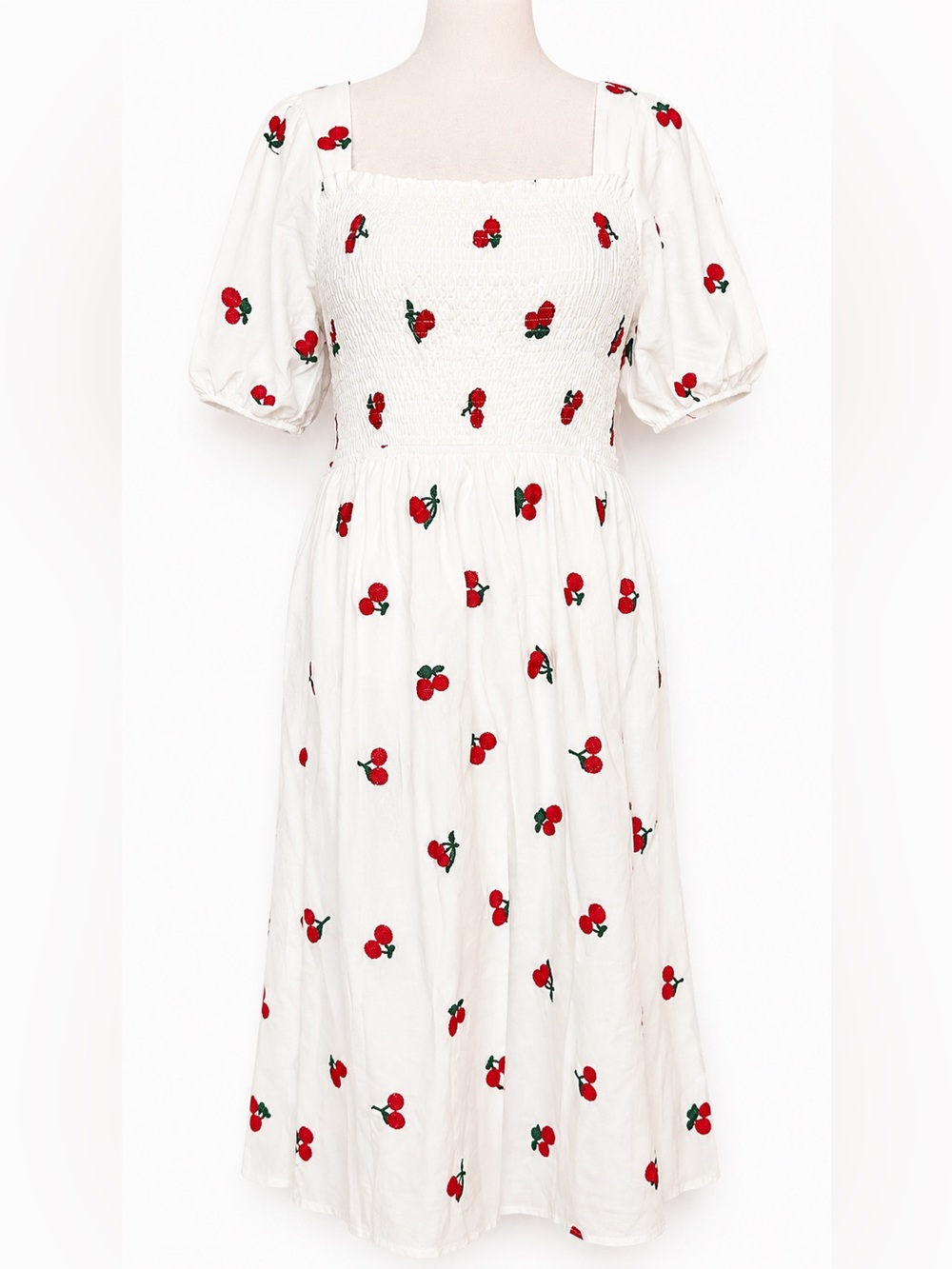 NWT Ana & Rose Cherry Smocked Midi Dress XL Cottagecore Puff Sleeve